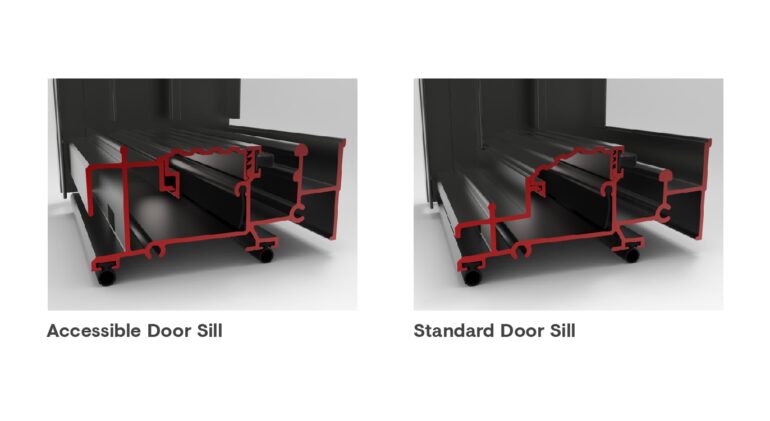 Diagram showing the flat top of an accessible door sill in comparison to a standard door sill.