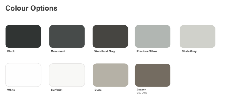 Nine colour options: Black, Monument, Woodland Grey, Precious Silver, Shale Grey, White, Surfmist, Dune, Jasper